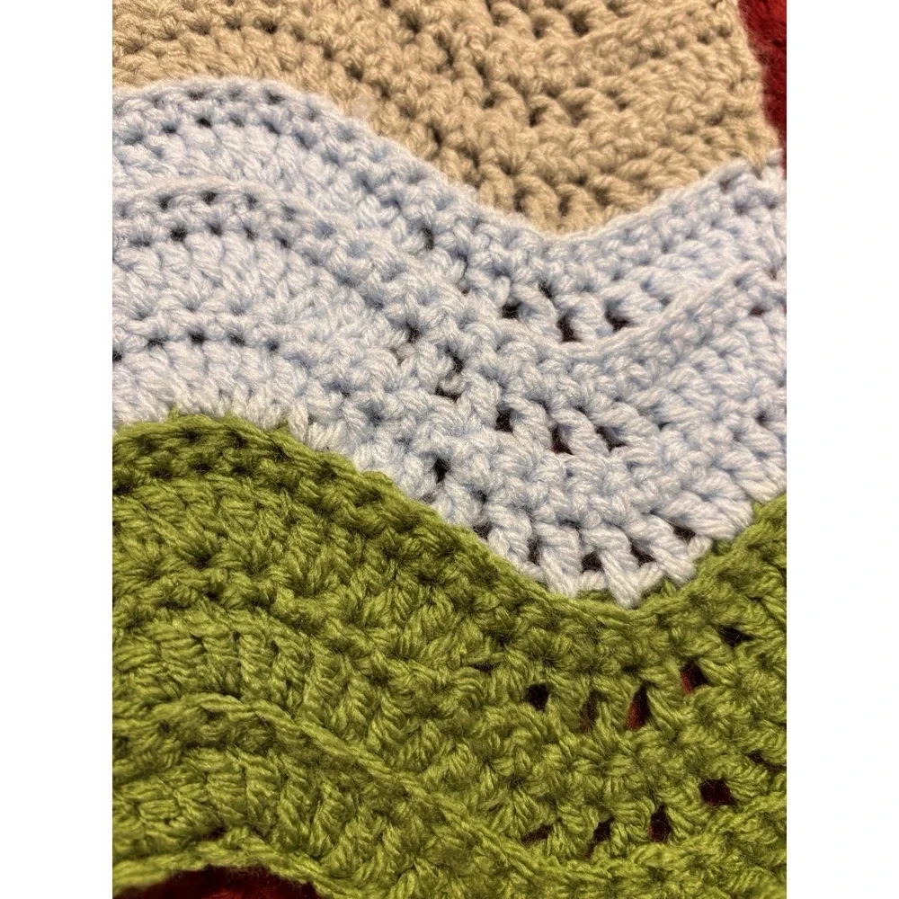 Baby Blanket Handmade Crochet Wave Stitch Green Gray Blue Stripes 25x21 Nursery